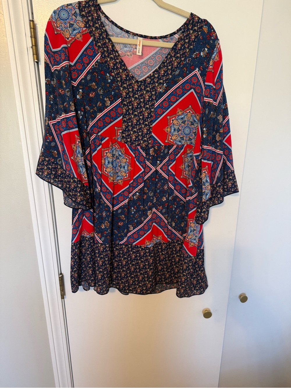 V-Neck Boho Mini Dress in Navy & Red